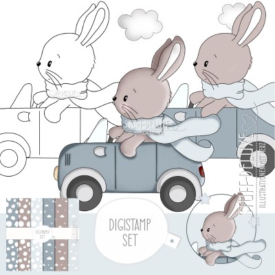 Digistamp + Digipaper Set Hase Henry im Cabrio 