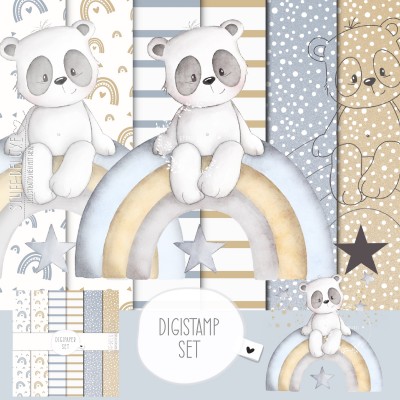 Digistamp + Digipaper Set Regenbogen Panda 