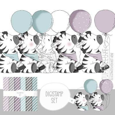 Digistamp + Digipaper Zebra Zarah mit Ballon lila und türkis 