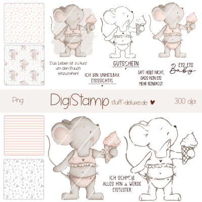 Digistamp + Digipaper  Set Maus Fienchen mit Eis