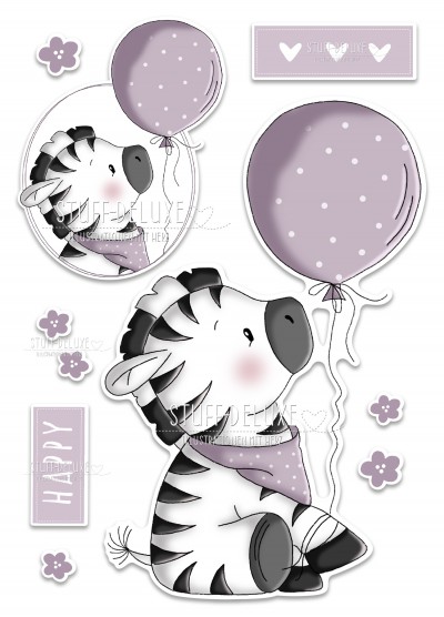 Bügelbild PVC frei Zebra Zarah mit Ballon lila Set