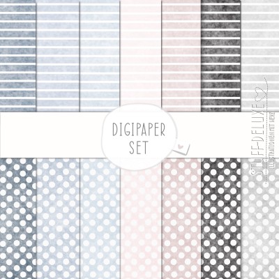Digipaper Set 14x Vintage Streifen und Punkte