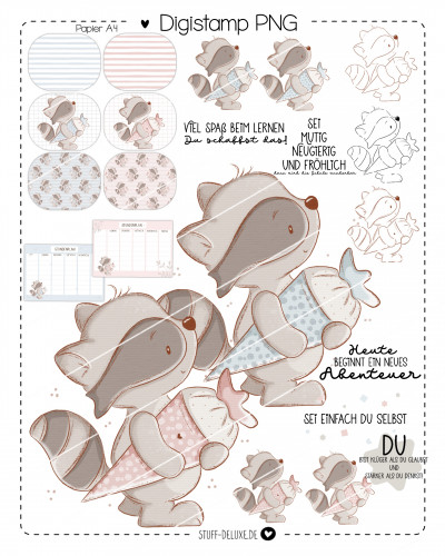 Digistamp + Digipaper Set Schulstart Waschbär 