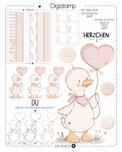 Digistamp + Digipaper Set Entchen Greta mit Herzballon